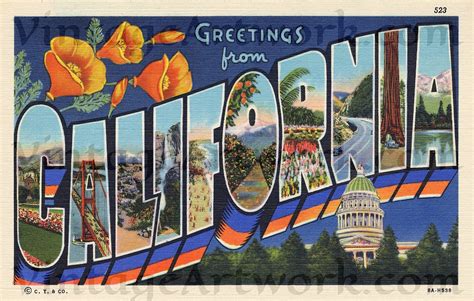 front of a postcard saying greetings from california