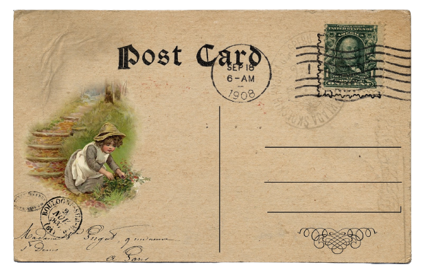 back of a postcard with a drawing of a child