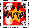 a stamp with white egg-shaped ovals behind it with text reading 's is for stamps', and a star behind the text